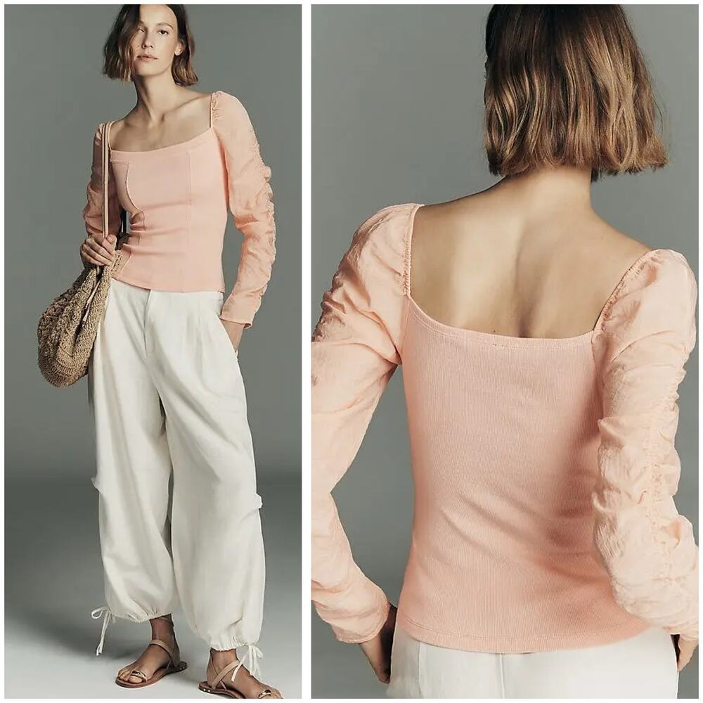 Anthropologie Peach Ruched Puff Sleeve Square Neck Top Size Medium Chic